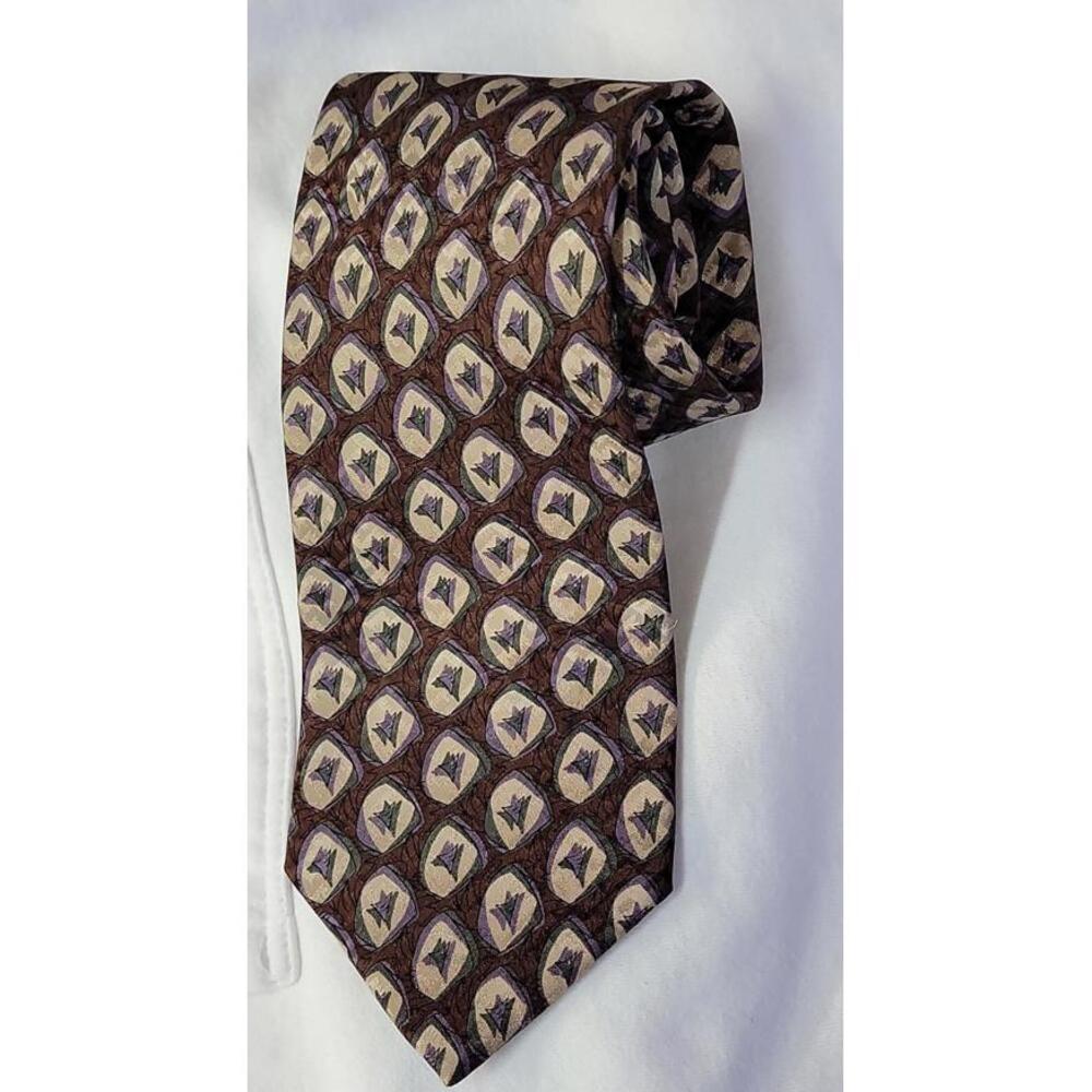 Courreges Homme Paris Tie 100% Silk GEO Brown green beige lilac 59"